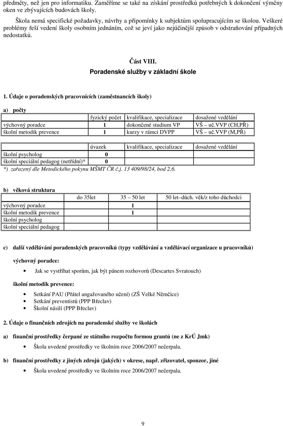 Veškeré problémy řeší vedení školy osobním jednáním, což se jeví jako nejúčinější způsob v odstraňování případných nedostatků. Část VIII. Poradenské služby v základní škole 1.