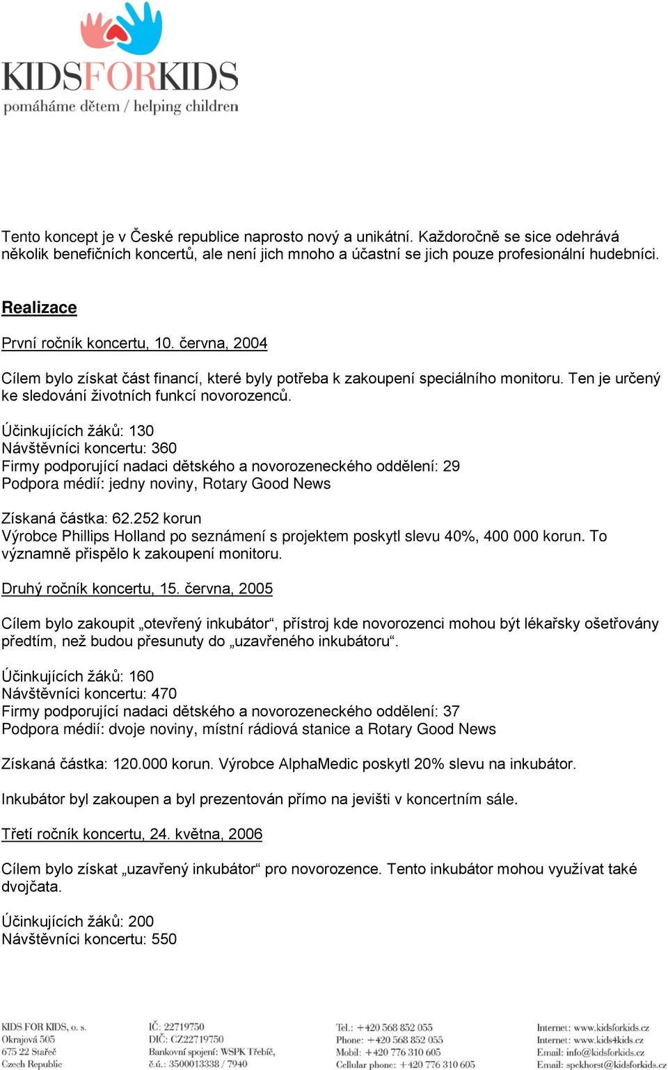 Účinkujících žáků: 130 Návštěvníci koncertu: 360 Firmy podporující nadaci dětského a novorozeneckého oddělení: 29 Podpora médií: jedny noviny, Rotary Good News Získaná částka: 62.