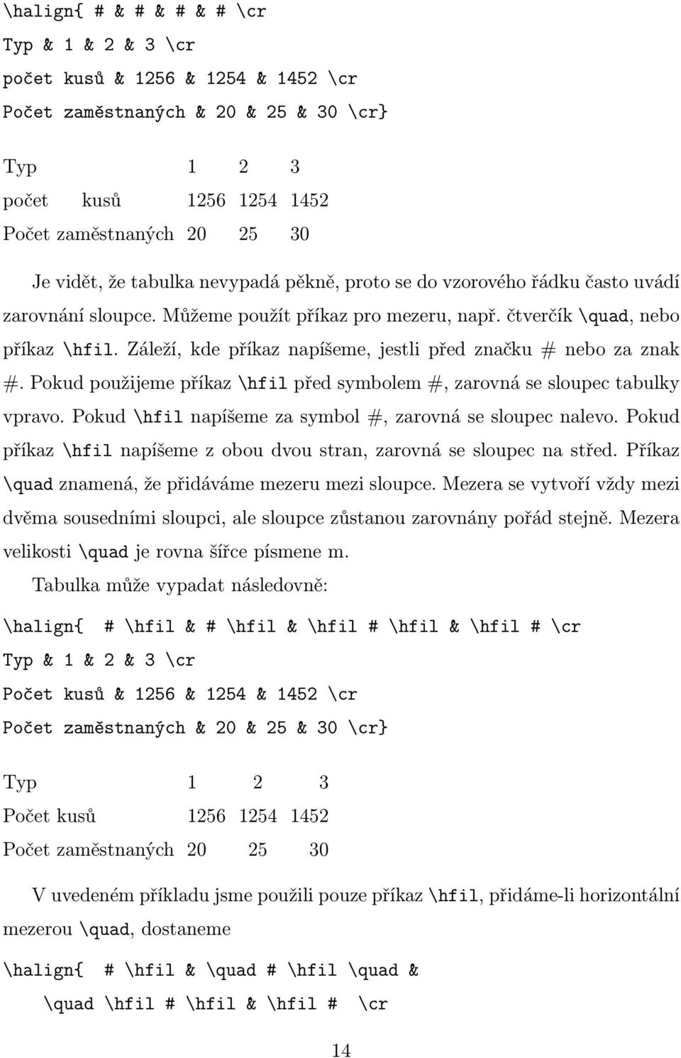 Záleží, kde příkaz napíšeme, jestli před značku # nebo za znak #. Pokud použijeme příkaz \hfil před symbolem #, zarovná se sloupec tabulky vpravo.