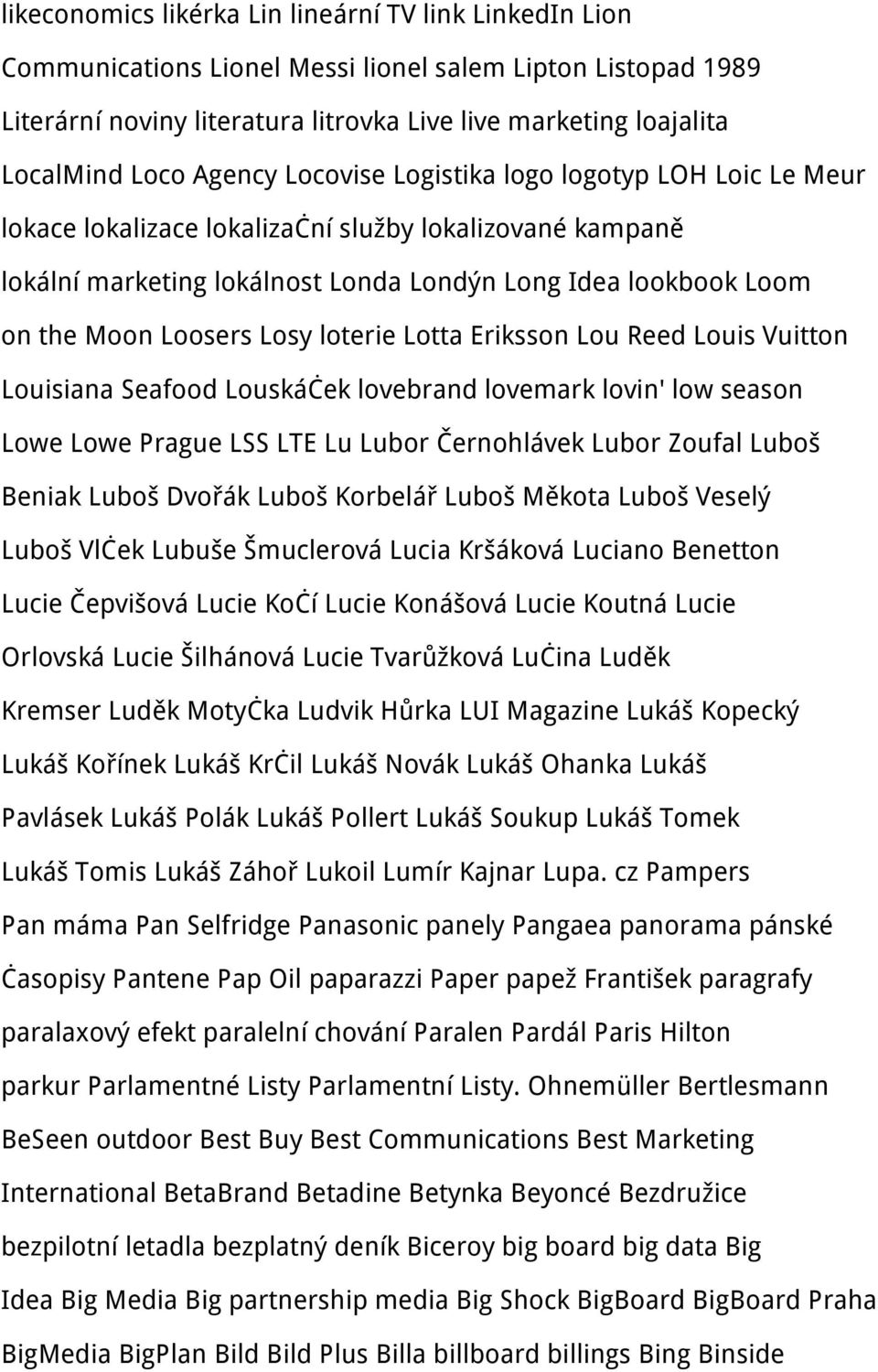 Losy loterie Lotta Eriksson Lou Reed Louis Vuitton Louisiana Seafood Louskáček lovebrand lovemark lovin' low season Lowe Lowe Prague LSS LTE Lu Lubor Černohlávek Lubor Zoufal Luboš Beniak Luboš
