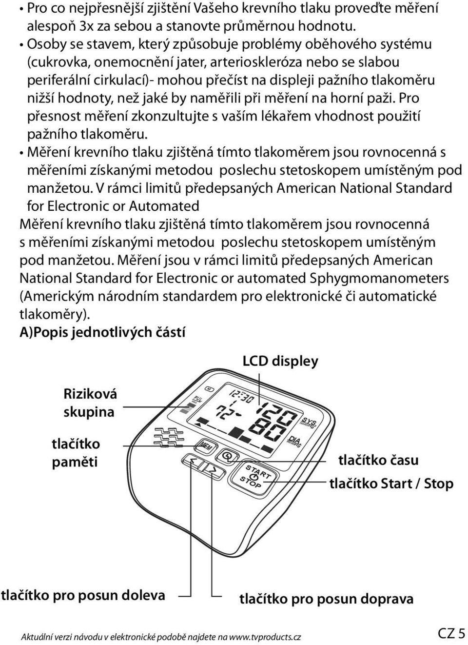 hodnoty, než jaké by naměřili při měření na horní paži. Pro přesnost měření zkonzultujte s vaším lékařem vhodnost použití pažního tlakoměru.