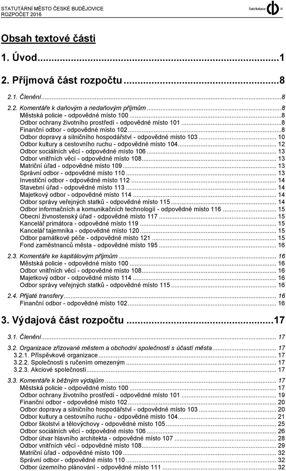 ..8 Odbor dopravy a silničního hospodářství - odpovědné místo 103... 10 Odbor kultury a cestovního ruchu - odpovědné místo 104... 12 Odbor sociálních věcí - odpovědné místo 106.