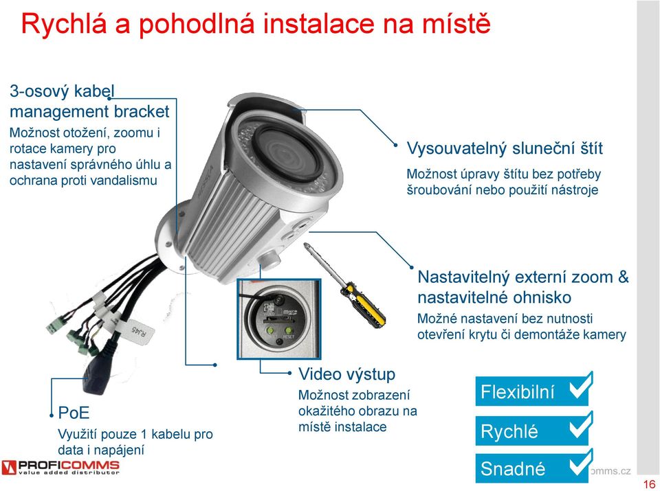 nástroje Nastavitelný externí zoom & nastavitelné ohnisko Možné nastavení bez nutnosti otevření krytu či demontáže kamery PoE