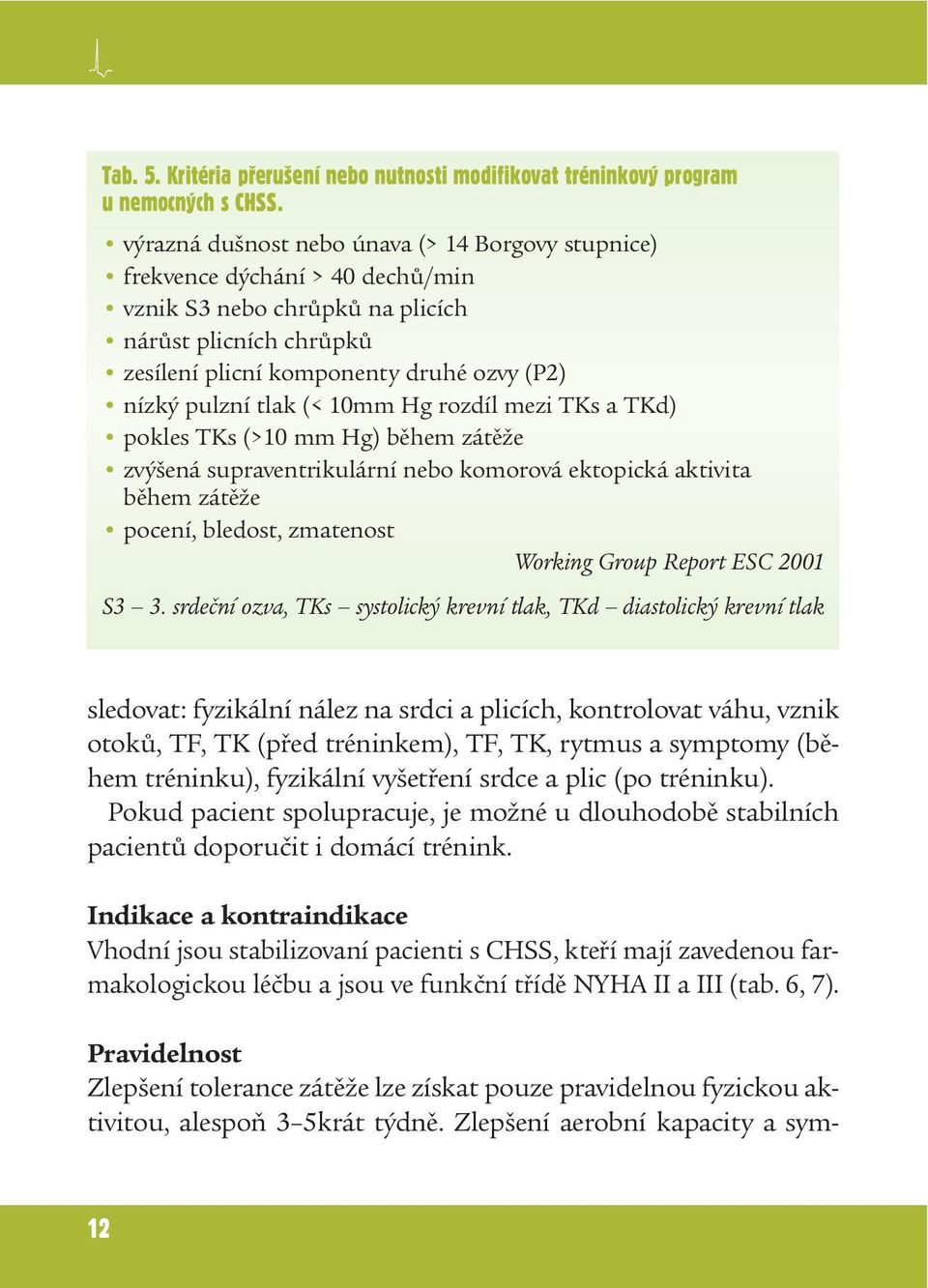 tlak (< 10mm Hg rozdíl mezi TKs a TKd) pokles TKs (>10 mm Hg) během zátěže zvýšená supraventrikulární nebo komorová ektopická aktivita během zátěže pocení, bledost, zmatenost Working Group Report ESC