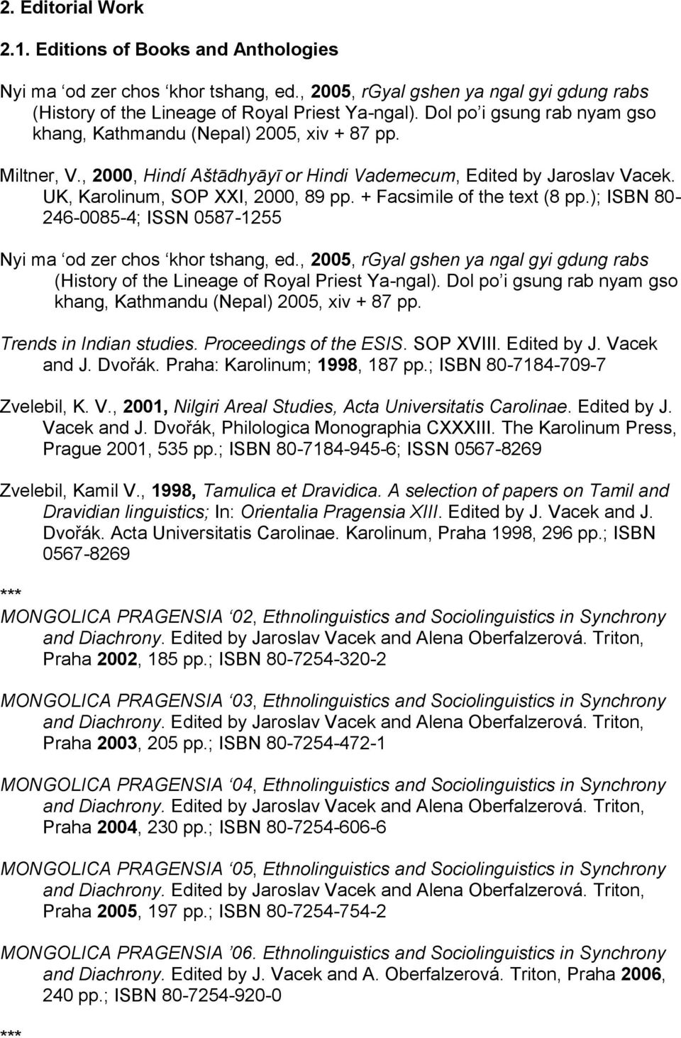 + Facsimile of the text (8 pp.); ISBN 80-246-0085-4; ISSN 0587-1255 Nyi ma od zer chos khor tshang, ed., 2005, rgyal gshen ya ngal gyi gdung rabs (History of the Lineage of Royal Priest Ya-ngal).