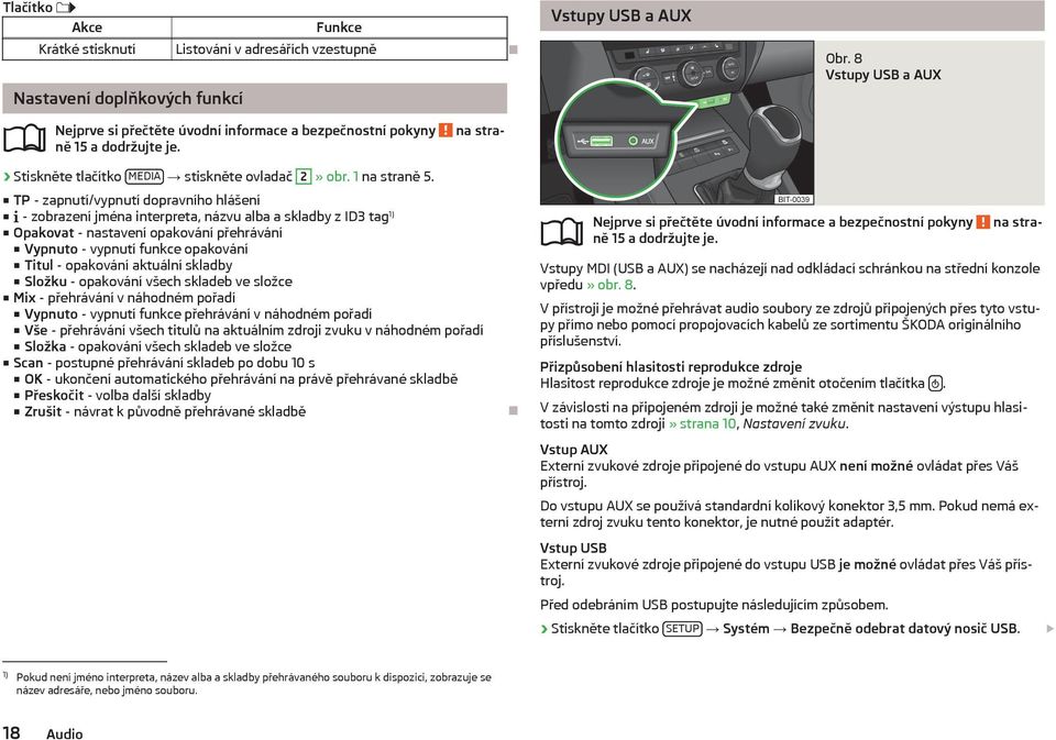 TP - zapnutí/vypnutí dopravního hlášení - zobrazení jména interpreta, názvu alba a skladby z ID3 tag 1) Opakovat - nastavení opakování přehrávání Vypnuto - vypnutí funkce opakování Titul - opakování