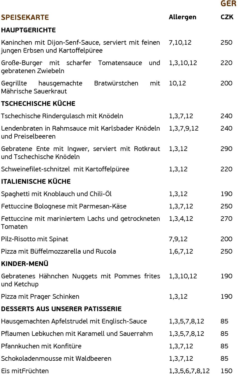 Karlsbader Knödeln und Preiselbeeren Gebratene Ente mit Ingwer, serviert mit Rotkraut und Tschechische Knödeln 1,3,7,9, 240 1,3, 290 Schweinefilet-schnitzel mit Kartoffelpüree 1,3, 220 ITALIENISCHE