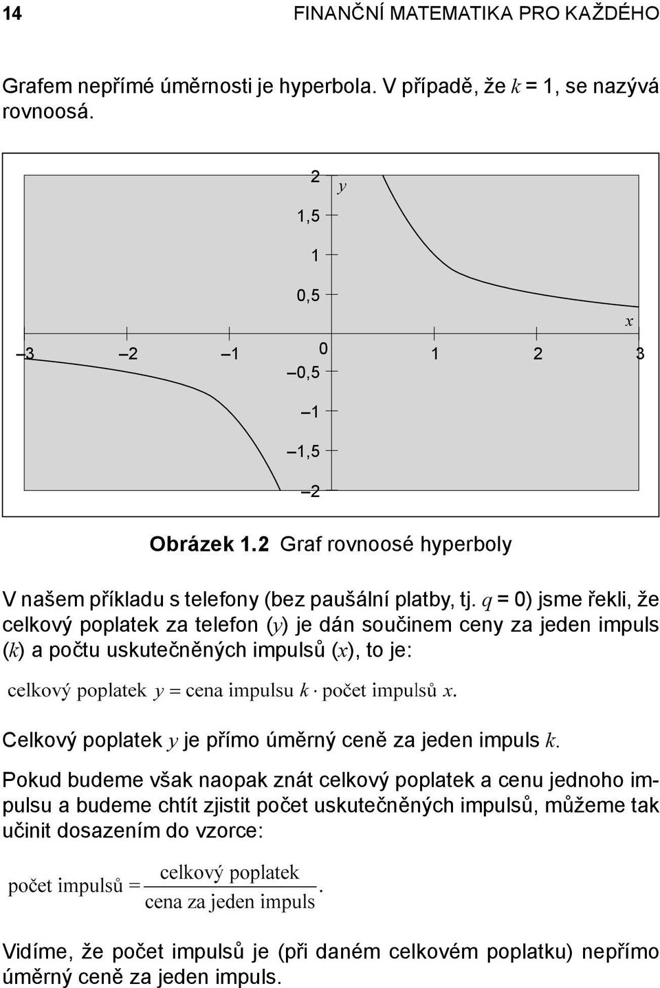 q = 0) jsme řekli, že celkový poplatek za telefon (y) je dán součinem ceny za jeden impuls (k) a počtu uskutečněných impulsů (x), to je: Celkový poplatek y je přímo úměrný