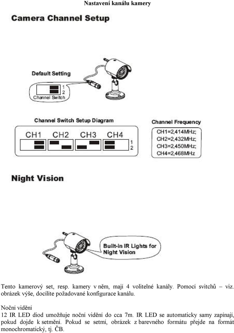 Noční vidění 12 IR LED diod umožňuje noční vidění do cca 7m.