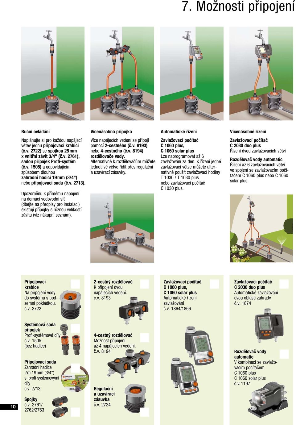 Alternativně k rozdělovačů ůžete jednotlivé větve řídit přes regulační a uzavírací zásuvky. Autoatické řízení C 1060 plus, C 1060 solar plus Lze naprograovat až 6 zavlažování za den.