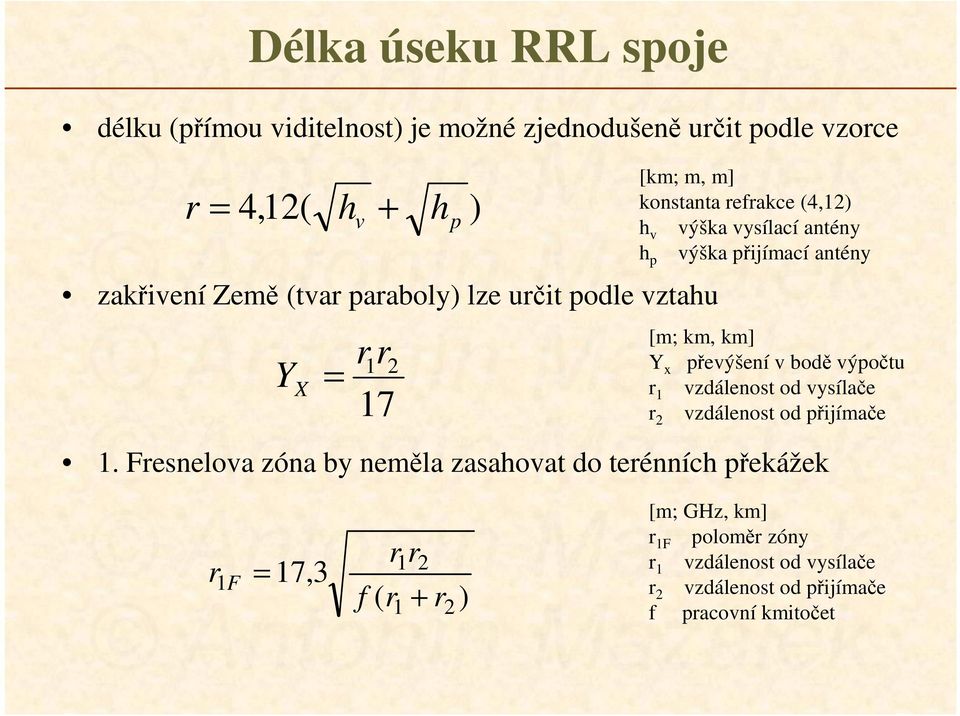 Y x převýšení v bodě výpočtu r 1 vzdálenost od vysílače vzdálenost od přijímače 1.