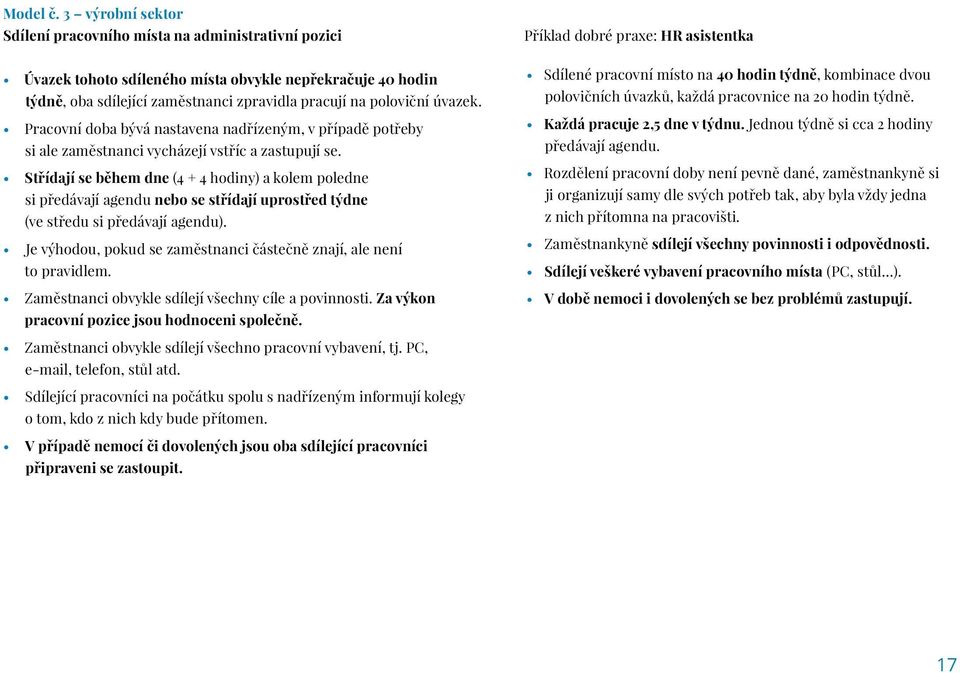 Pracovní doba bývá nastavena nadřízeným, v případě potřeby si ale zaměstnanci vycházejí vstříc a zastupují se.