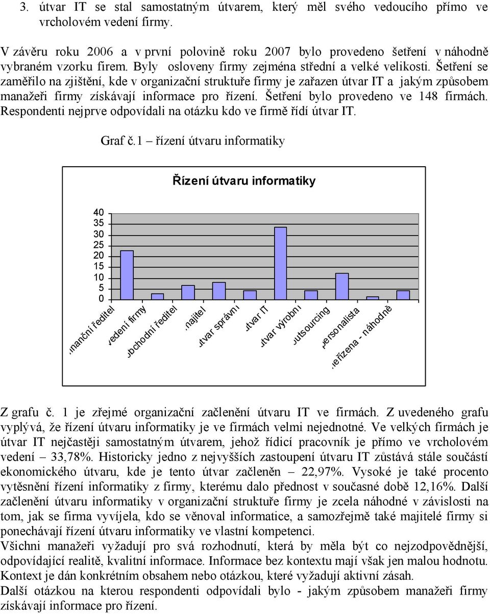 Šetření se zaměřilo na zjištění, kde v organizační struktuře firmy je zařazen útvar IT a jakým způsobem manažeři firmy získávají informace pro řízení. Šetření bylo provedeno ve 148 firmách.