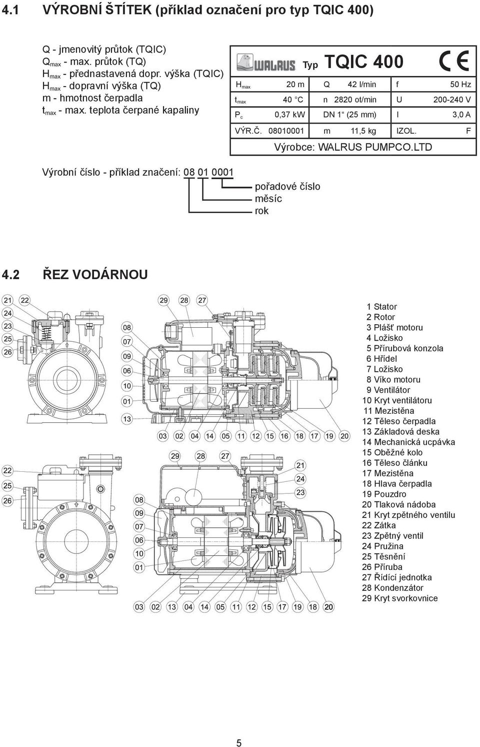 teplota čerpané kapaliny Typ TQIC 400 H max 20 m Q 42 l/min f 50 Hz tmax 40 C n 2820 ot/min U 200-240 V Pc 0,37 kw DN 1 (25 mm) l 3,0 A VÝR.Č. 08010001 m 11,5 kg IZOL. F Výrobce: WALRUS PUMPCO.