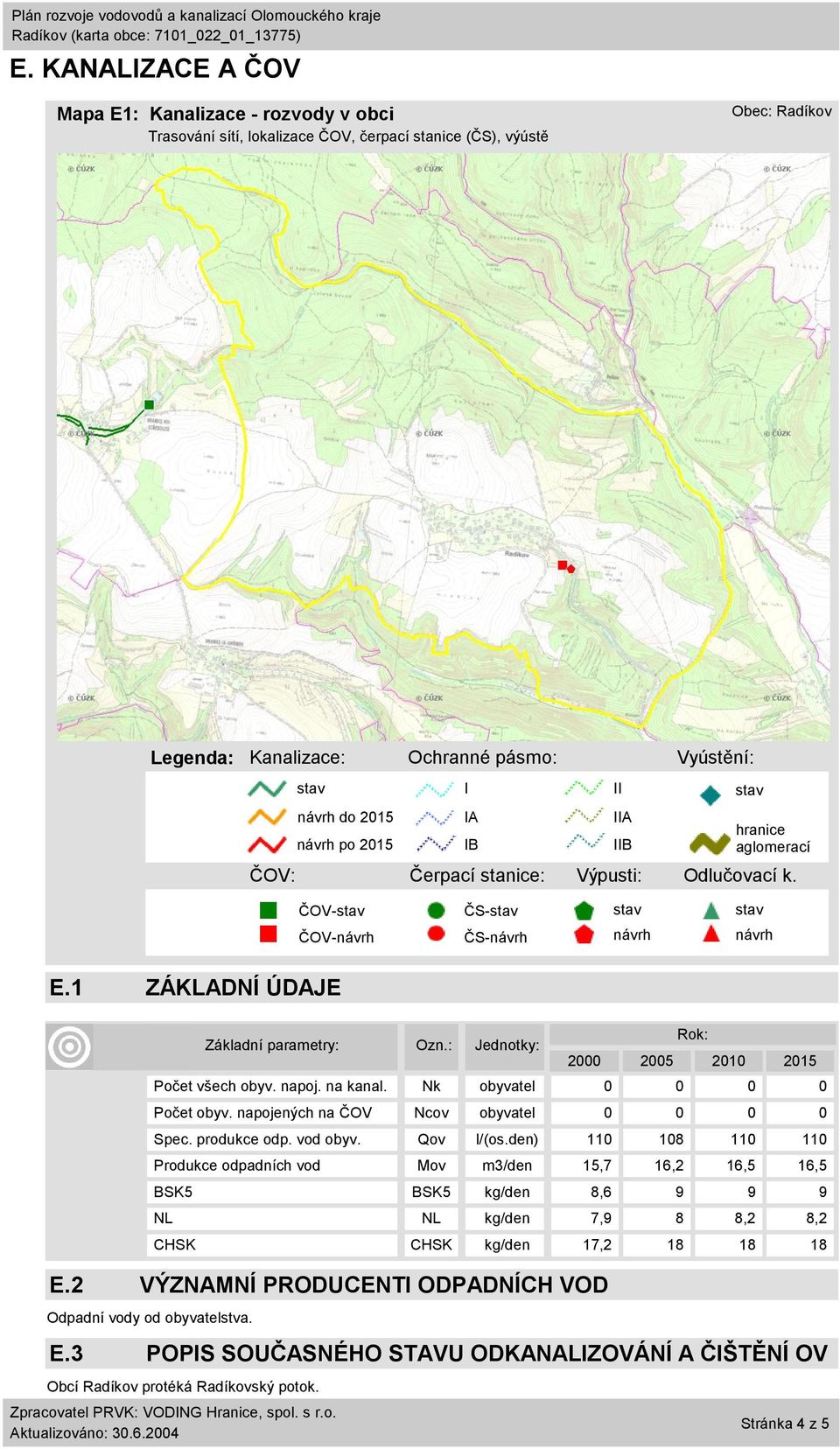 Základní parametry: Ozn.: Jednotky: 2000 2005 2010 2015 Počet všech obyv. napoj. na kanal. Nk obyvatel 0 0 0 0 Počet obyv. napojených na ČOV Ncov obyvatel 0 0 0 0 Spec. produkce odp. vod obyv.