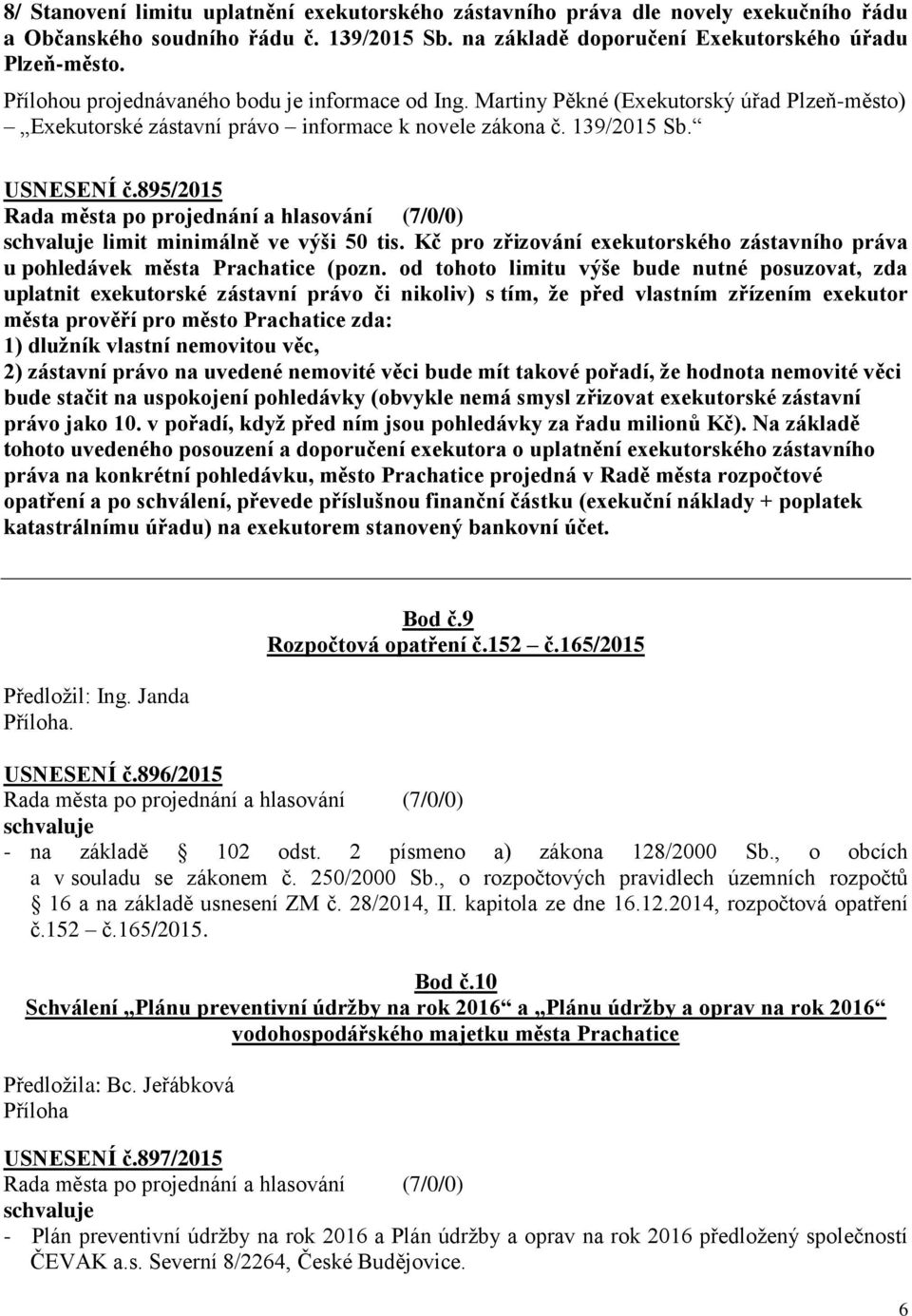 895/2015 limit minimálně ve výši 50 tis. Kč pro zřizování exekutorského zástavního práva u pohledávek města Prachatice (pozn.