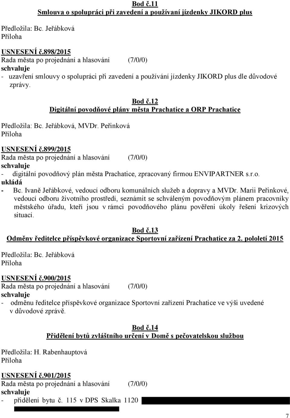 Jeřábková, MVDr. Peřinková USNESENÍ č.899/2015 - digitální povodňový plán města Prachatice, zpracovaný firmou ENVIPARTNER s.r.o. ukládá - Bc.