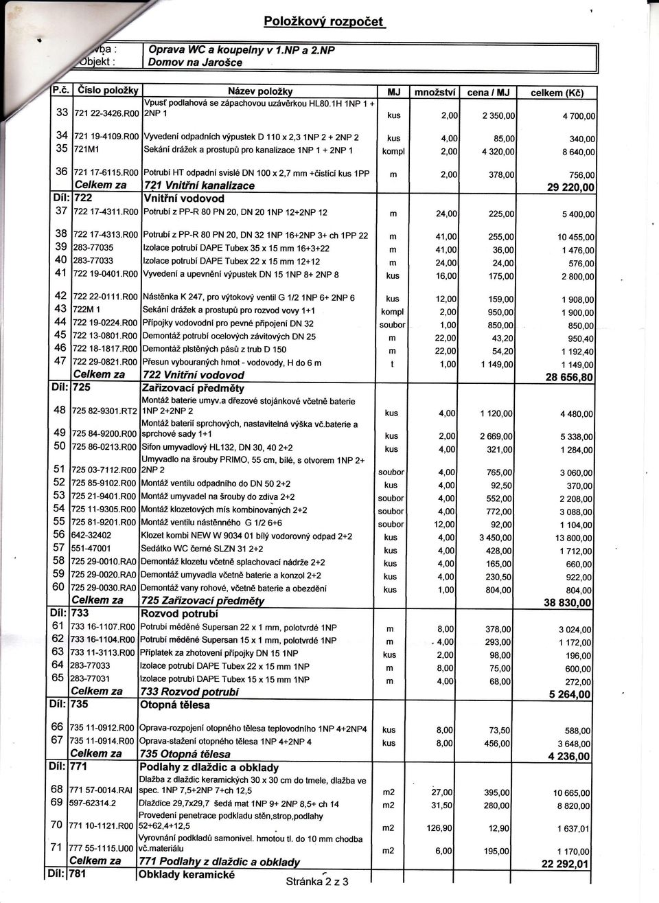 R00 Potrub HT odpadn svisl DN 00 x2,7 +ďstc PP Celke za 72 Vntřn kanalizace Dl: 722 vnitřn vodovod 37 722 743.