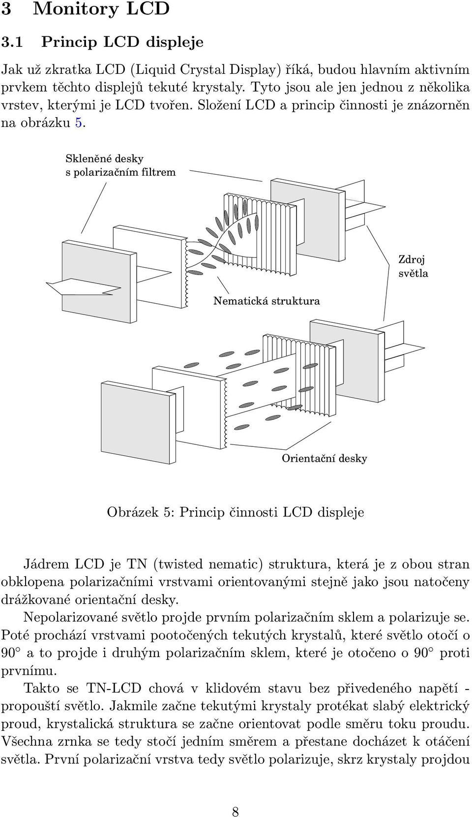 Skleněné desky s polarizačním filtrem Nematická struktura Zdroj světla Orientační desky Obrázek 5: Princip činnosti LCD displeje Jádrem LCD je TN (twisted nematic) struktura, která je z obou stran