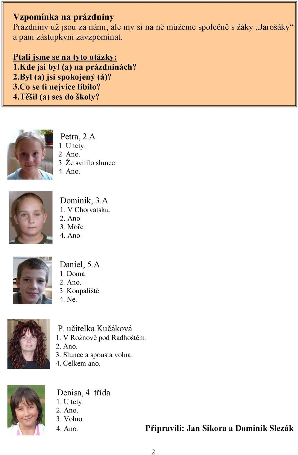 Petra, 2.A 1. U tety. 3. Že svítilo slunce. 4. Ano. Dominik, 3.A 1. V Chorvatsku. 3. Moře. 4. Ano. Daniel, 5.A 1. Doma. 3. Koupaliště. 4. Ne. P.