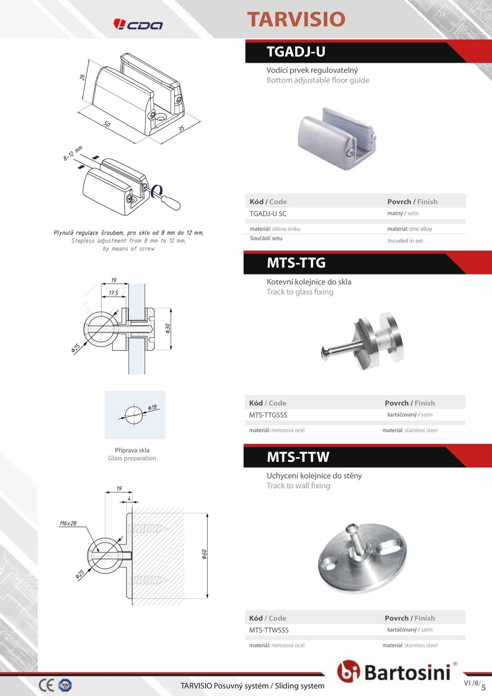 5 TGADJ-U SC materiál: slitina zinku Součástí setu MTS-TTG Kotevní kolejnice do skla Track to glass fixing matný / satin