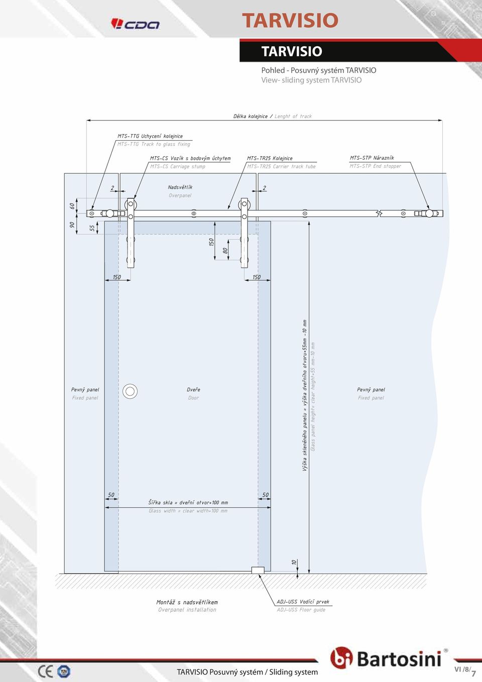 panel Fixed panel Dveře Door Výška skleněného panelu = výška dveřního otvoru+55mm -0 mm Glass panel height= clear height+55 mm-0 mm 50 50 Šířka skla = dveřní