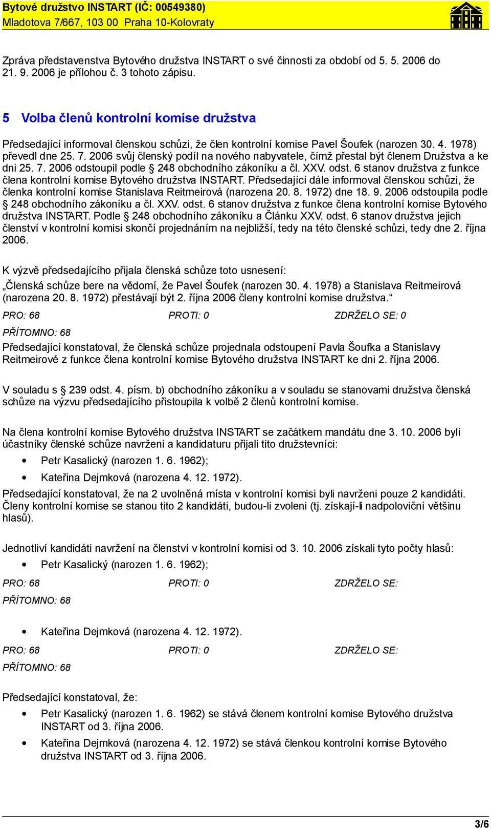 2006 svůj členský podíl na nového nabyvatele, čímž přestal být členem Družstva a ke dni 25. 7. 2006 odstoupil podle 248 obchodního zákoníku a čl. XXV. odst. 6 stanov družstva z funkce člena kontrolní komise Bytového družstva INSTART.