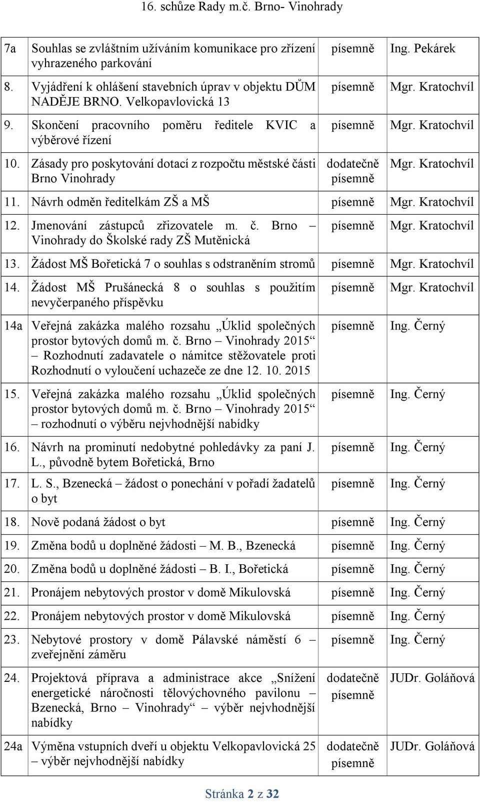 Kratochvíl Mgr. Kratochvíl 11. Návrh odměn ředitelkám ZŠ a MŠ Mgr. Kratochvíl 12. Jmenování zástupců zřizovatele m. č. Brno Vinohrady do Školské rady ZŠ Mutěnická Mgr. Kratochvíl 13.