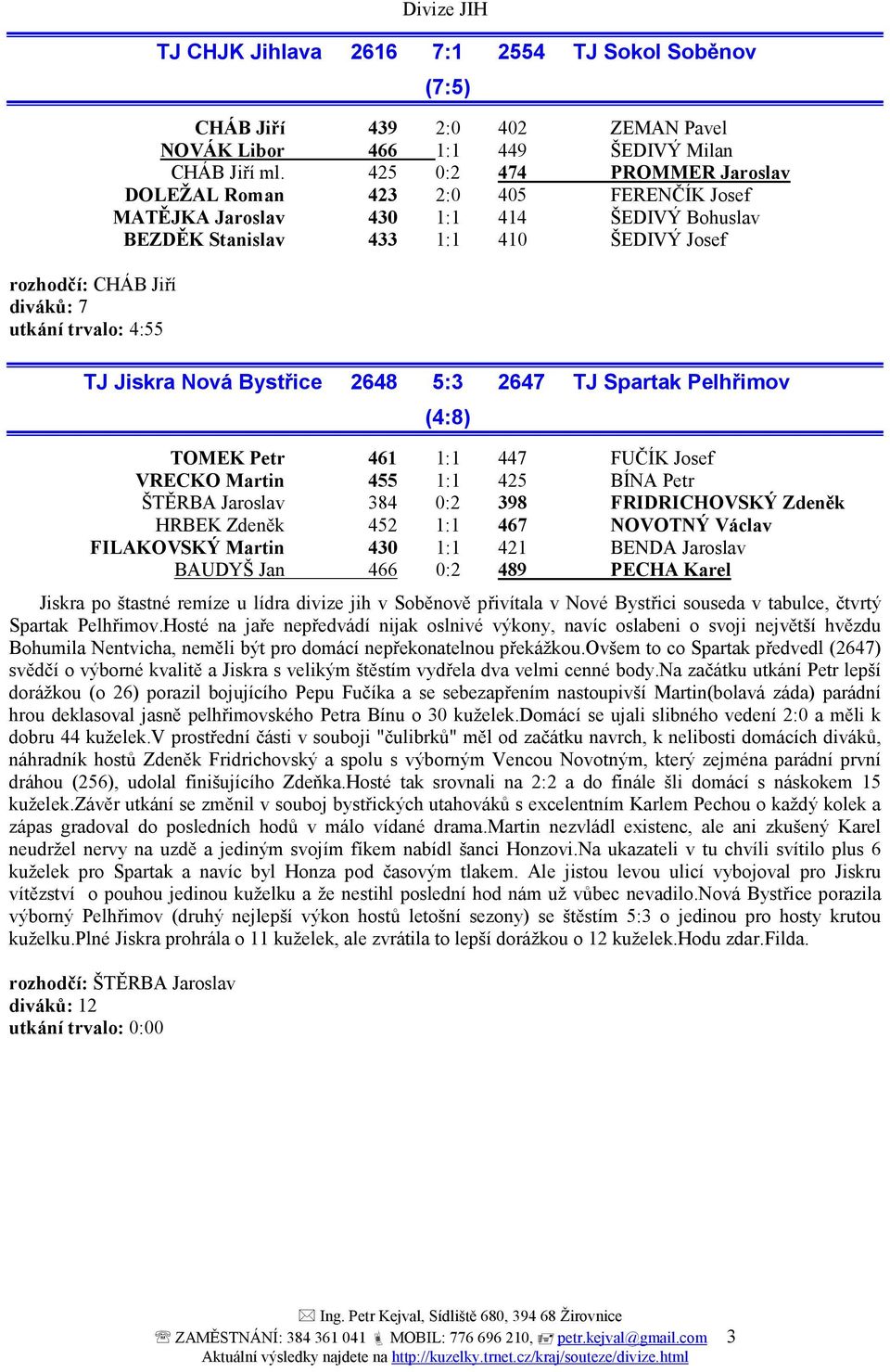 Spartak Pelhřimov (4:8) TOMEK Petr 461 1:1 447 FUČÍK Josef VRECKO Martin 455 1:1 425 BÍNA Petr ŠTĚRBA Jaroslav 384 0:2 398 FRIDRICHOVSKÝ Zdeněk HRBEK Zdeněk 452 1:1 467 NOVOTNÝ Václav FILAKOVSKÝ