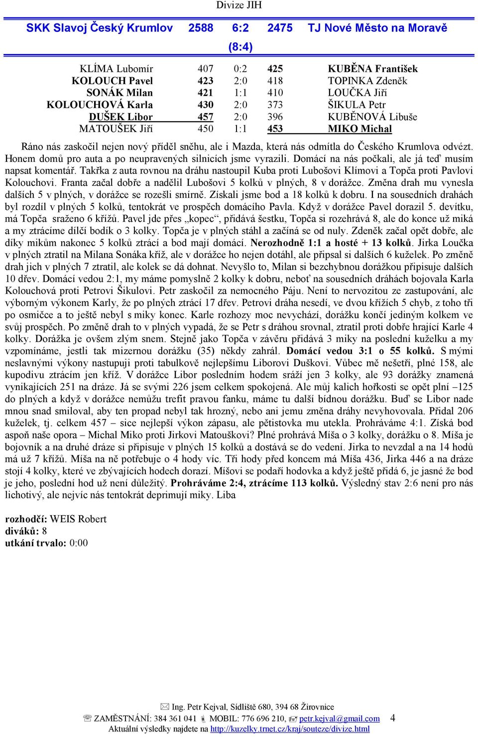 Krumlova odvézt. Honem domů pro auta a po neupravených silnicích jsme vyrazili. Domácí na nás počkali, ale já teď musím napsat komentář.