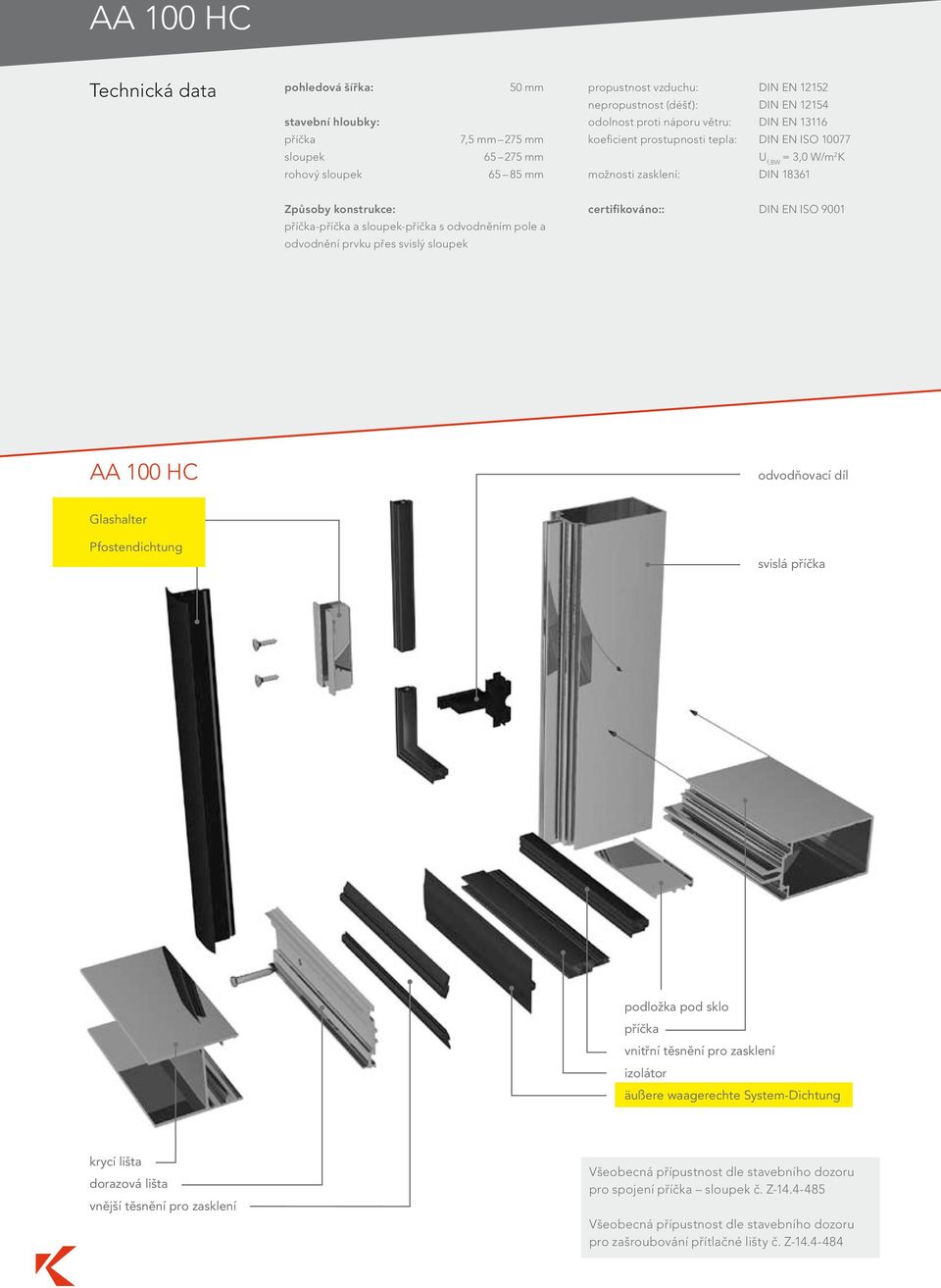 prvku přes svislý sloupek certifikováno:: DIN EN ISO 9001 AA 100 HC odvodňovací díl Glashalter Pfostendichtung svislá podložka pod sklo vnitřní těsnění pro zasklení