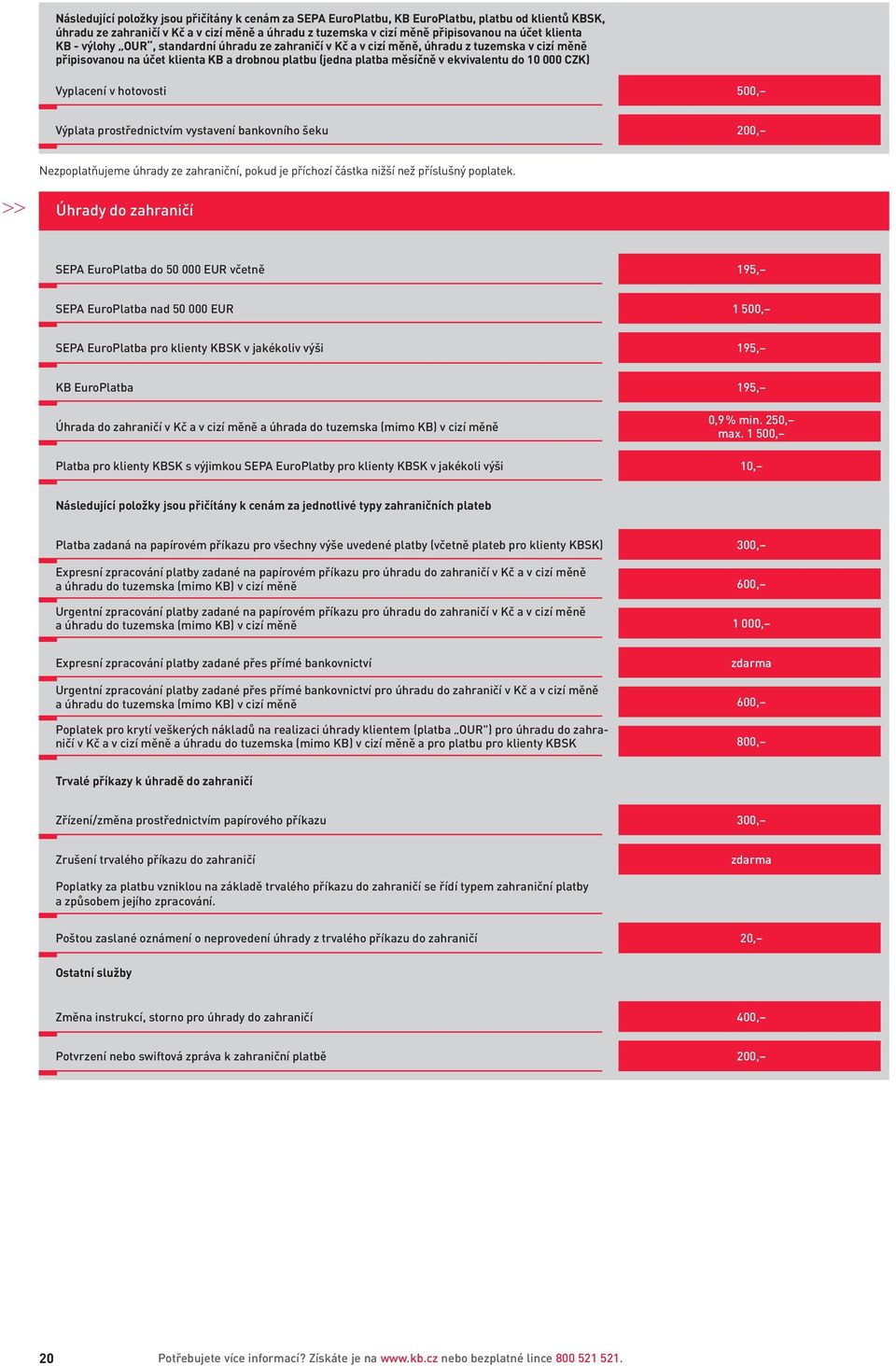 000 CZK) Vyplacení v hotovosti 500, Výplata prostřednictvím vystavení bankovního šeku 200, Nezpoplatňujeme úhrady ze zahraniční, pokud je příchozí částka nižší než příslušný poplatek.
