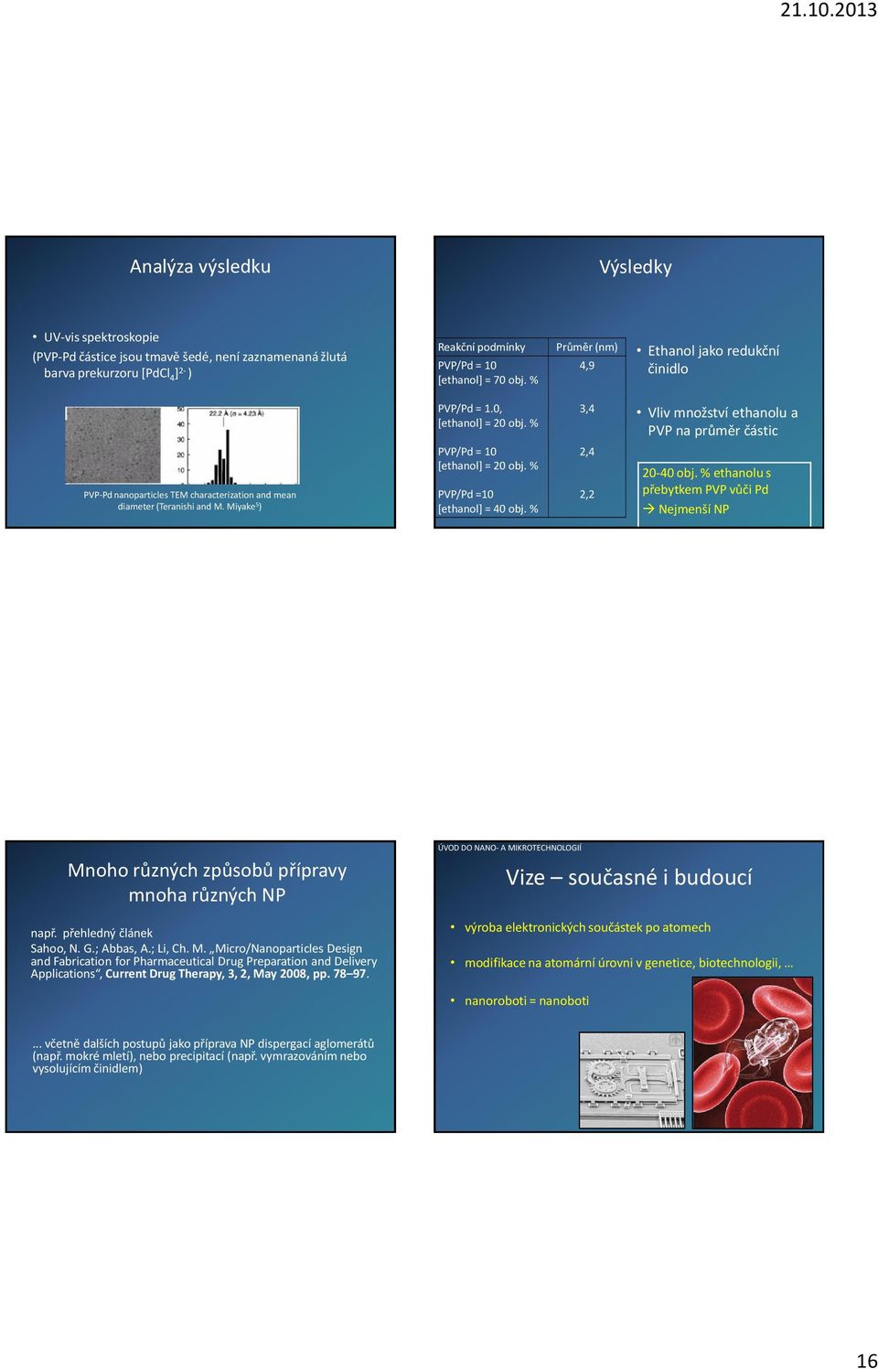 % 3,4 Vliv množství ethanolu a PVP na průměr částic PVP-Pd nanoparticles TEM characterization and mean diameter (Teranishi and M. Miyake 5 ) PVP/Pd = 10 [ethanol] = 20 obj.