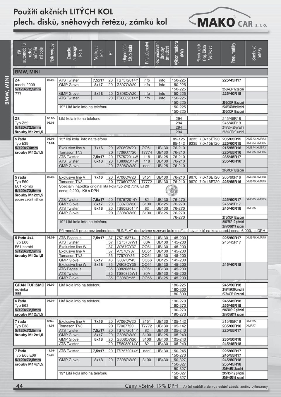 06.00- Litá info na telefonu 294 245/45R18 Z52 06.03 294 245/40R19 5/120x72,5mm 294 245/35R20 přední M12x1,5 294 285/30R20 zadní 5 řada 05.