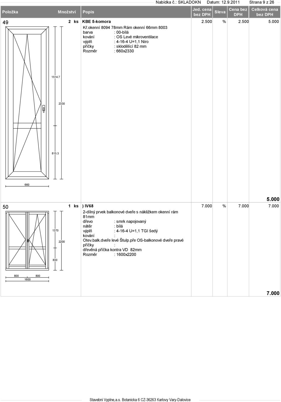 000 2-dílný prvek balkonové dveře s nákližkem okenní rám 81mm : bílá : 4-16-4 U=1,1 TGI šedý kování