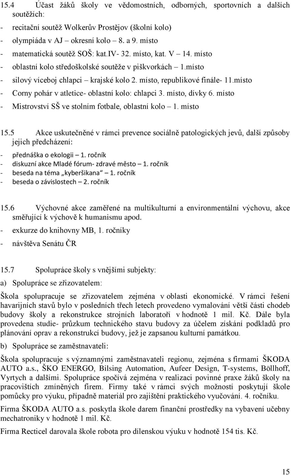 místo - Corny pohár v atletice- oblastní kolo: chlapci 3. místo, dívky 6. místo - Mistrovství SŠ ve stolním fotbale, oblastní kolo 1. místo 15.