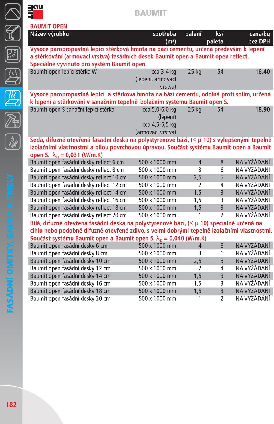 Baumit open lepící stěrka W cca 3-4 kg 25 kg 54 16,40 (lepení, armovací vrstva) Vysoce paropropustná lepící a stěrková hmota na bázi cementu, odolná proti solím, určená k lepení a stěrkování v