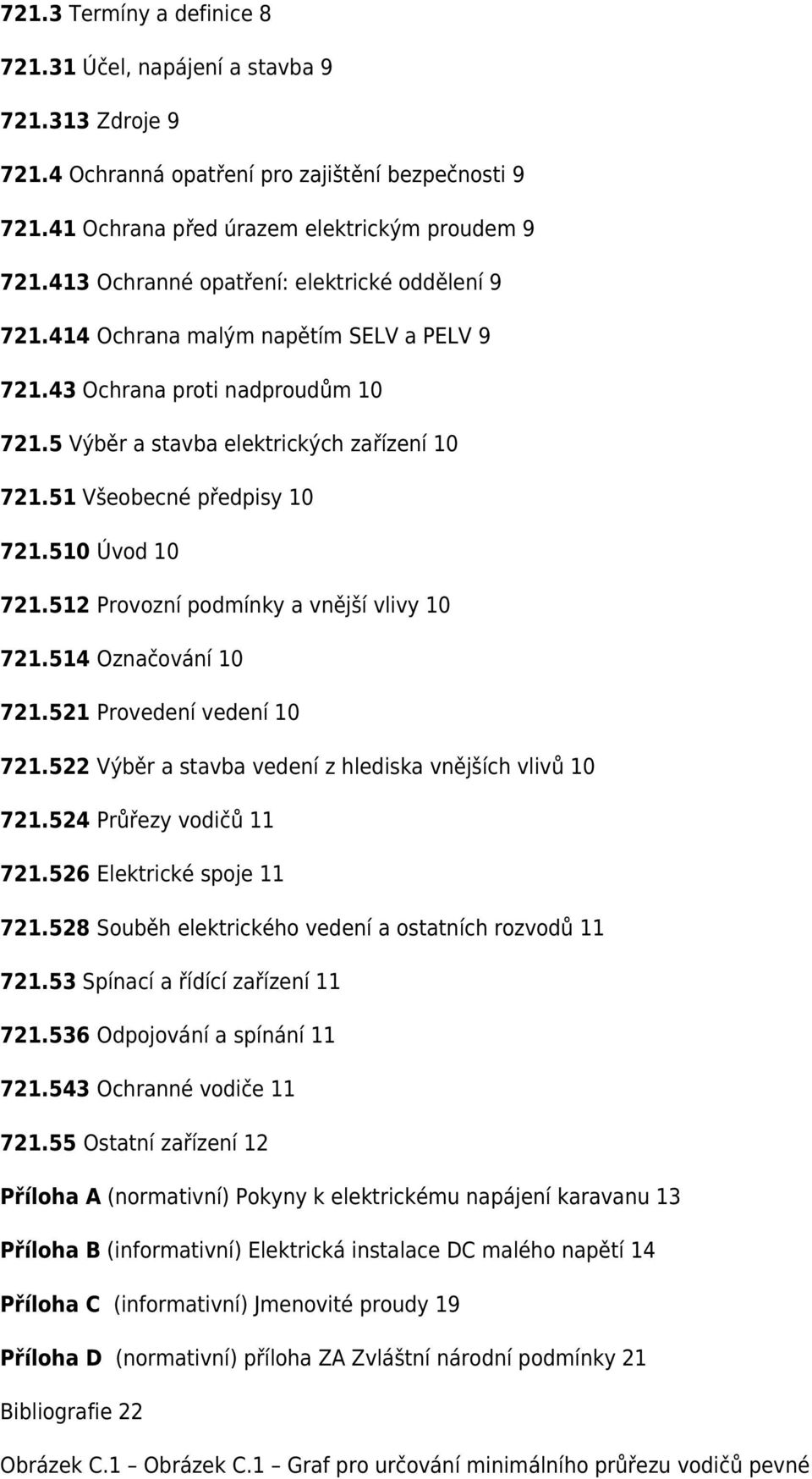 51 Všeobecné předpisy 10 721.510 Úvod 10 721.512 Provozní podmínky a vnější vlivy 10 721.514 Označování 10 721.521 Provedení vedení 10 721.522 Výběr a stavba vedení z hlediska vnějších vlivů 10 721.