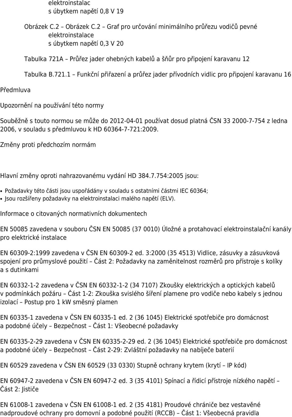 Průřez jader ohebných kabelů a šňůr pro připojení karavanu 12 Tabulka B.721.