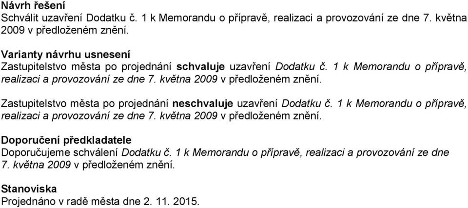 květn 2009 v předloženém znění. Zstupitelstvo měst po projednání neschvluje uzvření Dodtku č. 1 k Memorndu o příprvě, relizci provozování ze dne 7.