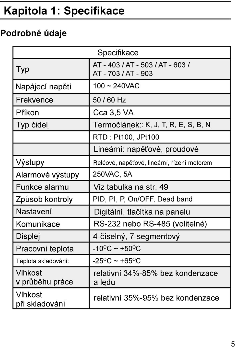 49 Způsob kontroly Nastavení Digitální, tlačítka na panelu Komunikace RS-232 nebo RS-485 (volitelné) Displej 4-číselný, 7-segmentový