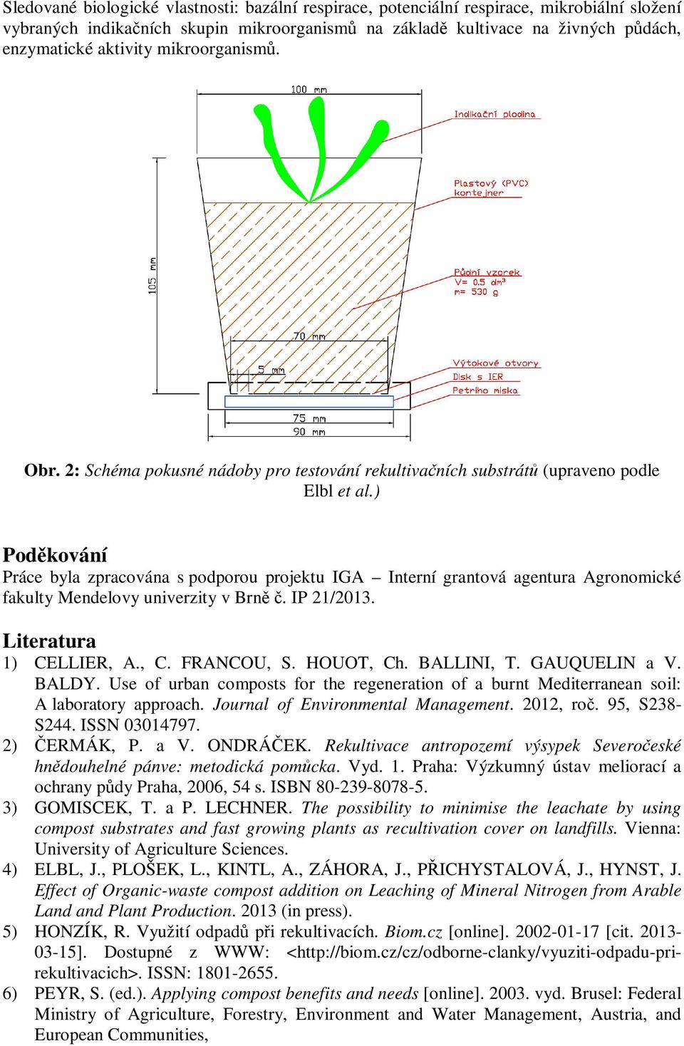 ) Podkování Práce byla zpracována s podporou projektu IGA Interní grantová agentura Agronomické fakulty Mendelovy univerzity v Brn. IP 21/2013. Literatura 1) CELLIER, A., C. FRANCOU, S. HOUOT, Ch.