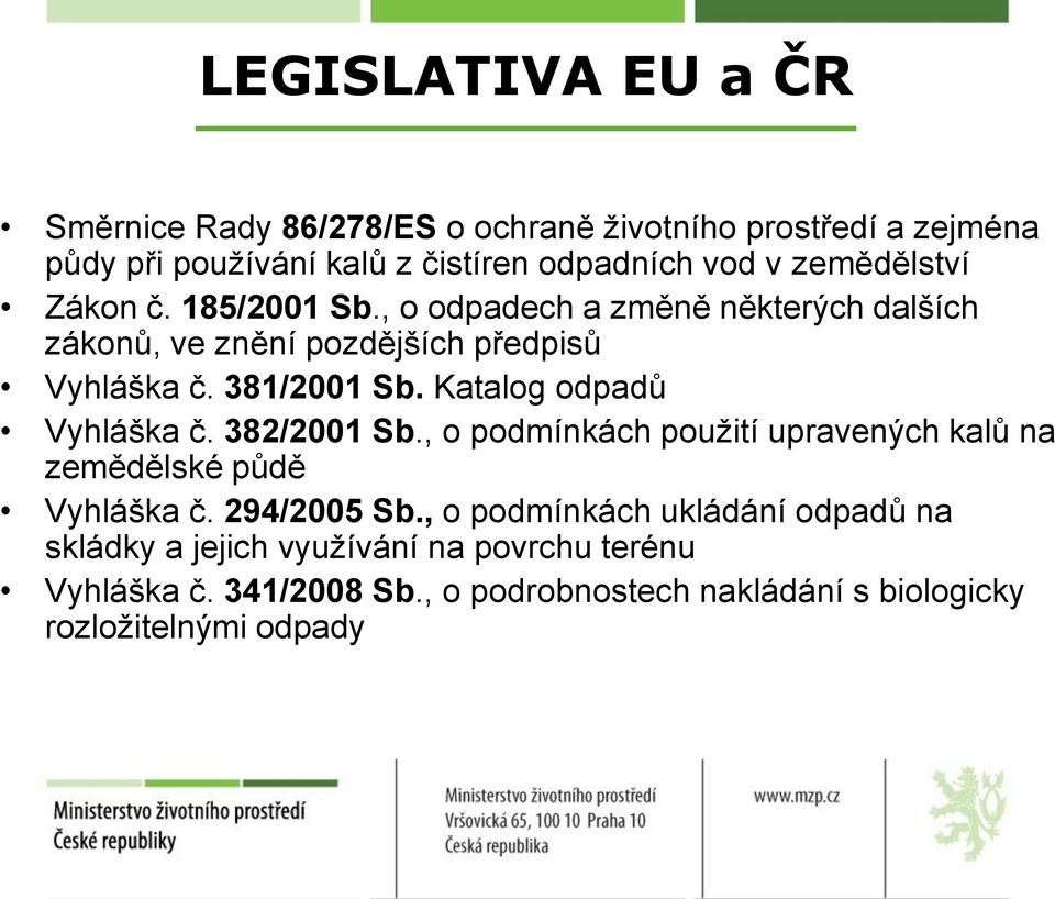 Katalog odpadů Vyhláška č. 382/2001 Sb., o podmínkách použití upravených kalů na zemědělské půdě Vyhláška č. 294/2005 Sb.