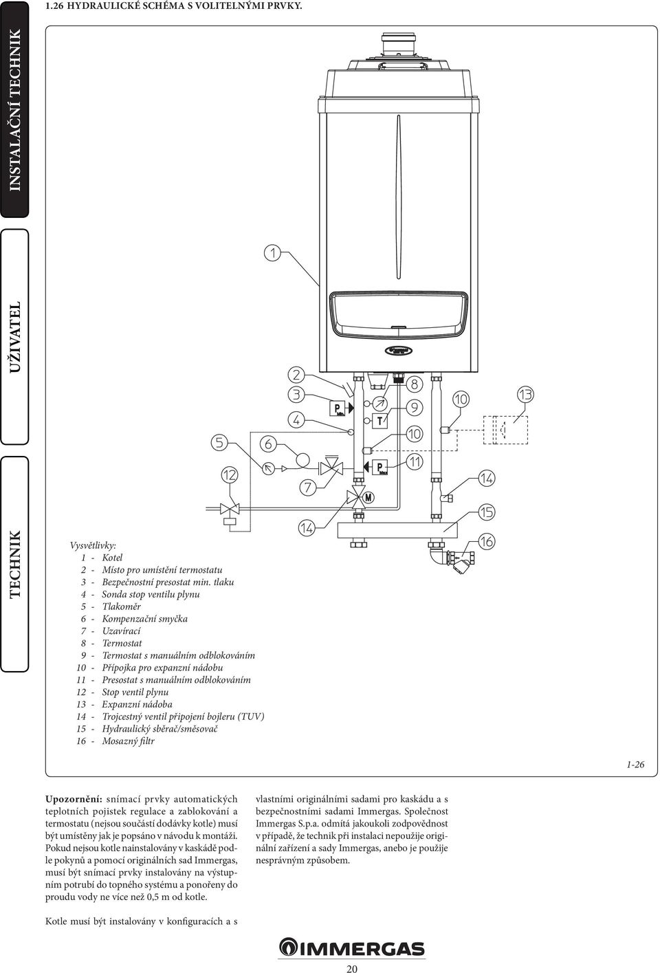 odblokováním 12 - Stop ventil plynu 13 - Expanzní nádoba 14 - Trojcestný ventil připojení bojleru (TUV) 15 - Hydraulický sběrač/směsovač 16 - Mosazný filtr 1-26 Upozornění: snímací prvky