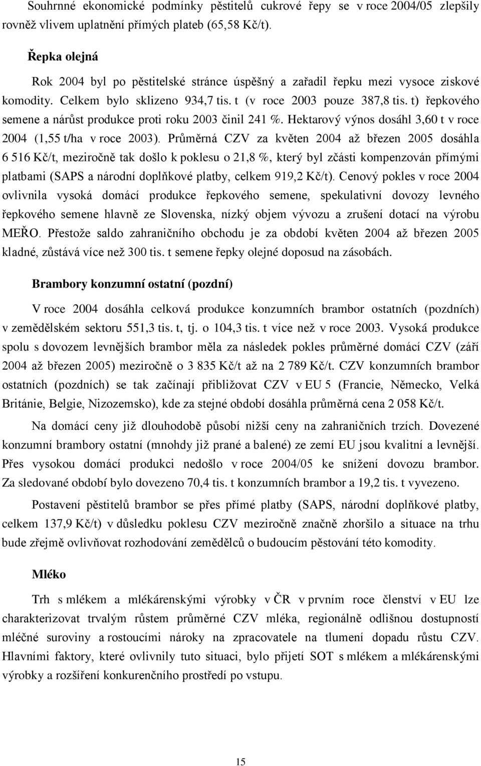 t) řepkového semene a nárůst produkce proti roku 2003 činil 241 %. Hektarový výnos dosáhl 3,60 t v roce 2004 (1,55 t/ha v roce 2003).