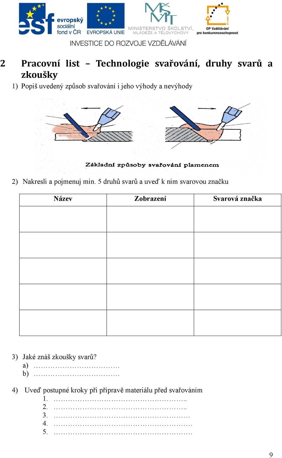 5 druhů svarů a uveď k nim svarovou značku Název Zobrazení Svarová značka 3) Jaké