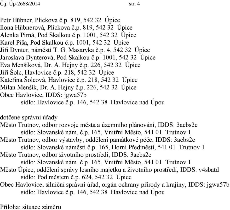 p. 218, 542 32 Úpice Milan Menšík, Dr. A. Hejny č.p. 226, 542 32 Úpice Obec Havlovice, IDDS: jgwa57b dotčené správní úřady Město Trutnov, odbor rozvoje města a územního plánování, IDDS: 3acbs2c sídlo: Slovanské nám.