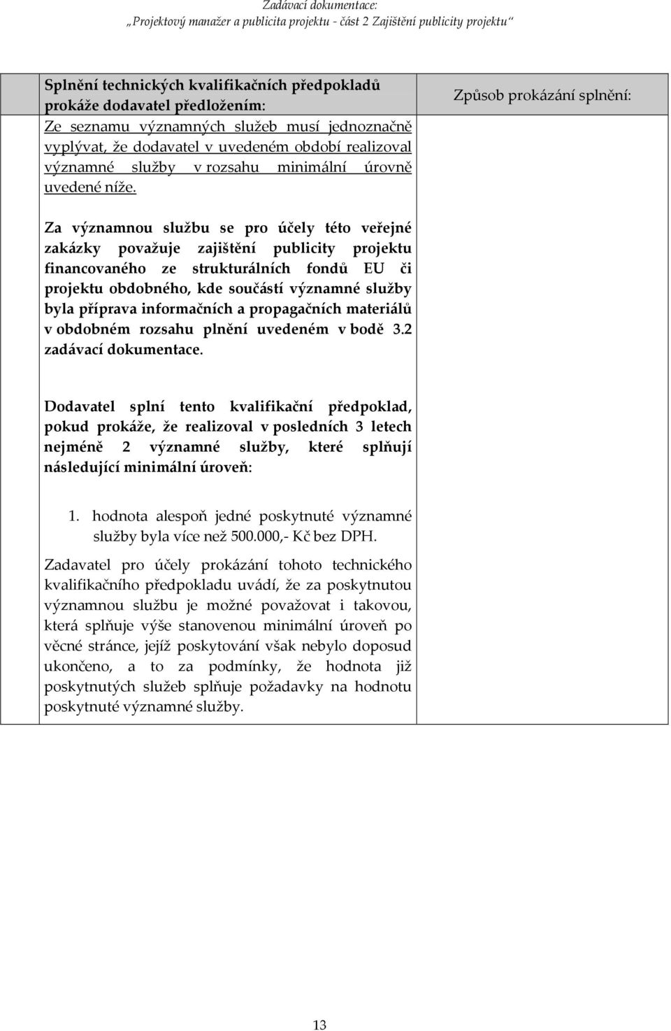 Způsob prokázání splnění: Za významnou službu se pro účely této veřejné zakázky považuje zajištění publicity projektu financovaného ze strukturálních fondů EU či projektu obdobného, kde součástí