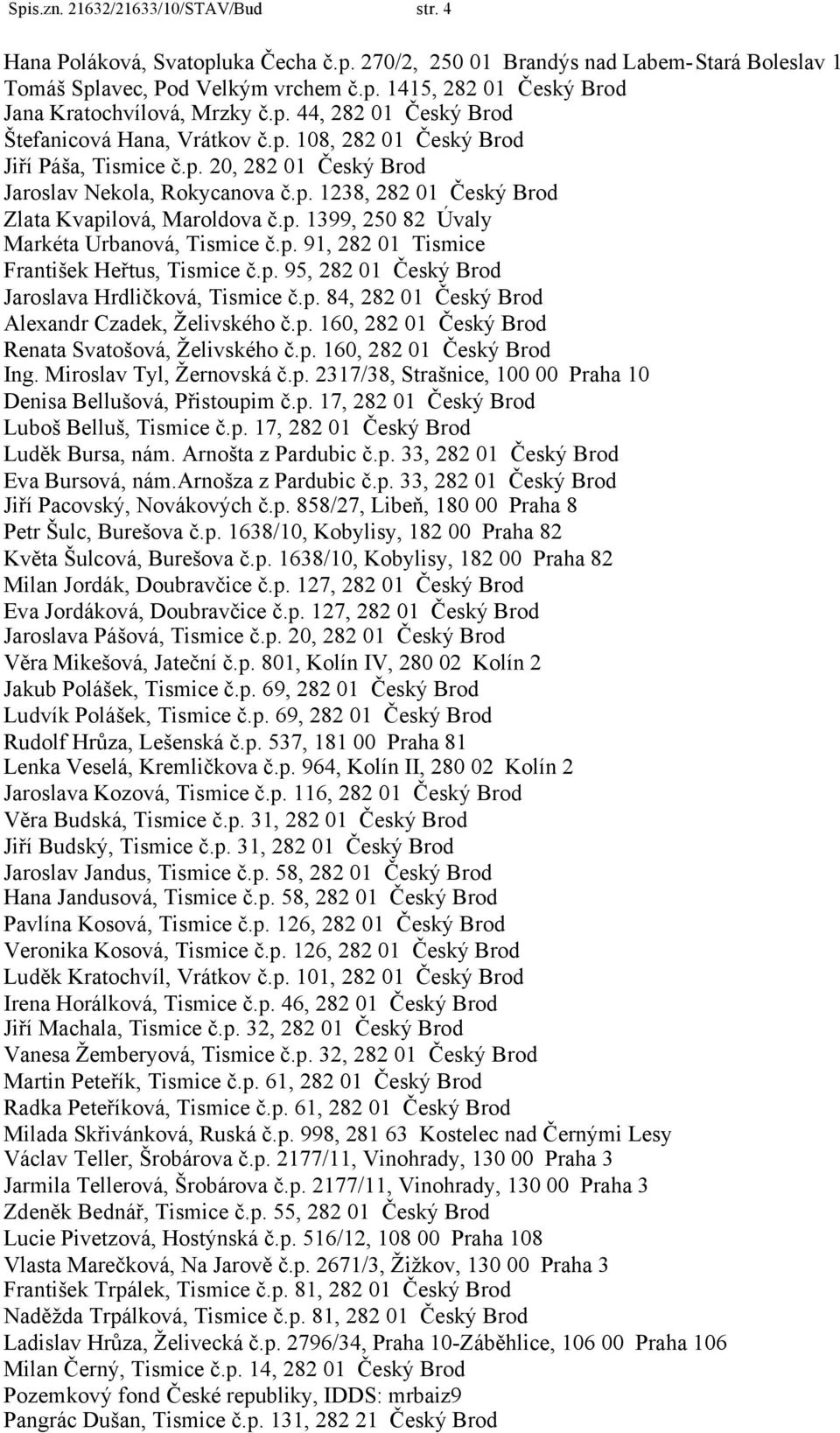 p. 1399, 250 82 Úvaly Markéta Urbanová, Tismice č.p. 91, 282 01 Tismice František Heřtus, Tismice č.p. 95, 282 01 Český Brod Jaroslava Hrdličková, Tismice č.p. 84, 282 01 Český Brod Alexandr Czadek, Želivského č.