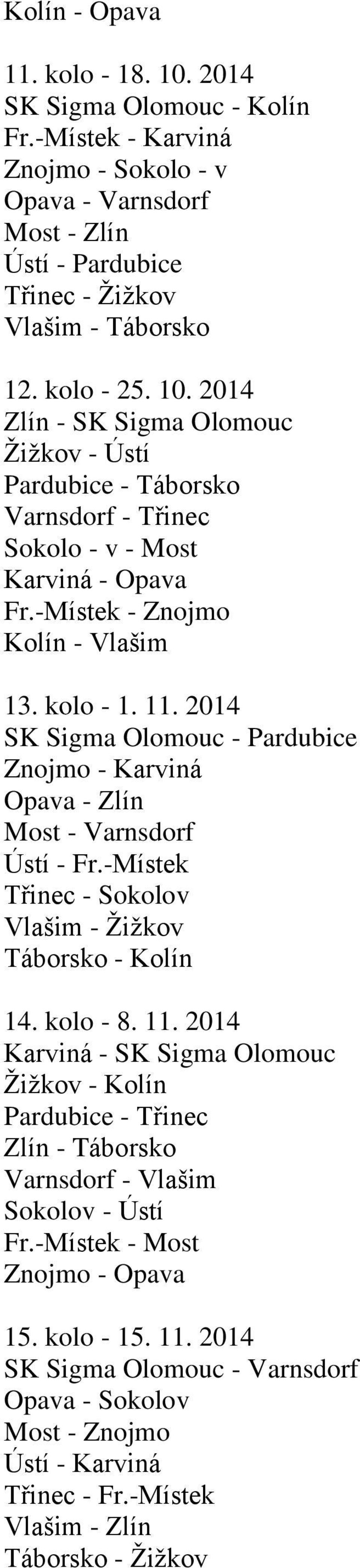 2014 SK Sigma Olomouc - Pardubice Znojmo - Karviná Opava - Zlín Most - Varnsdorf Ústí - Fr.-Místek Třinec - Sokolov Vlašim - Žižkov Táborsko - Kolín 14. kolo - 8. 11.